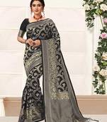 Black women's banarasi silk saree with unstitched blouse piece