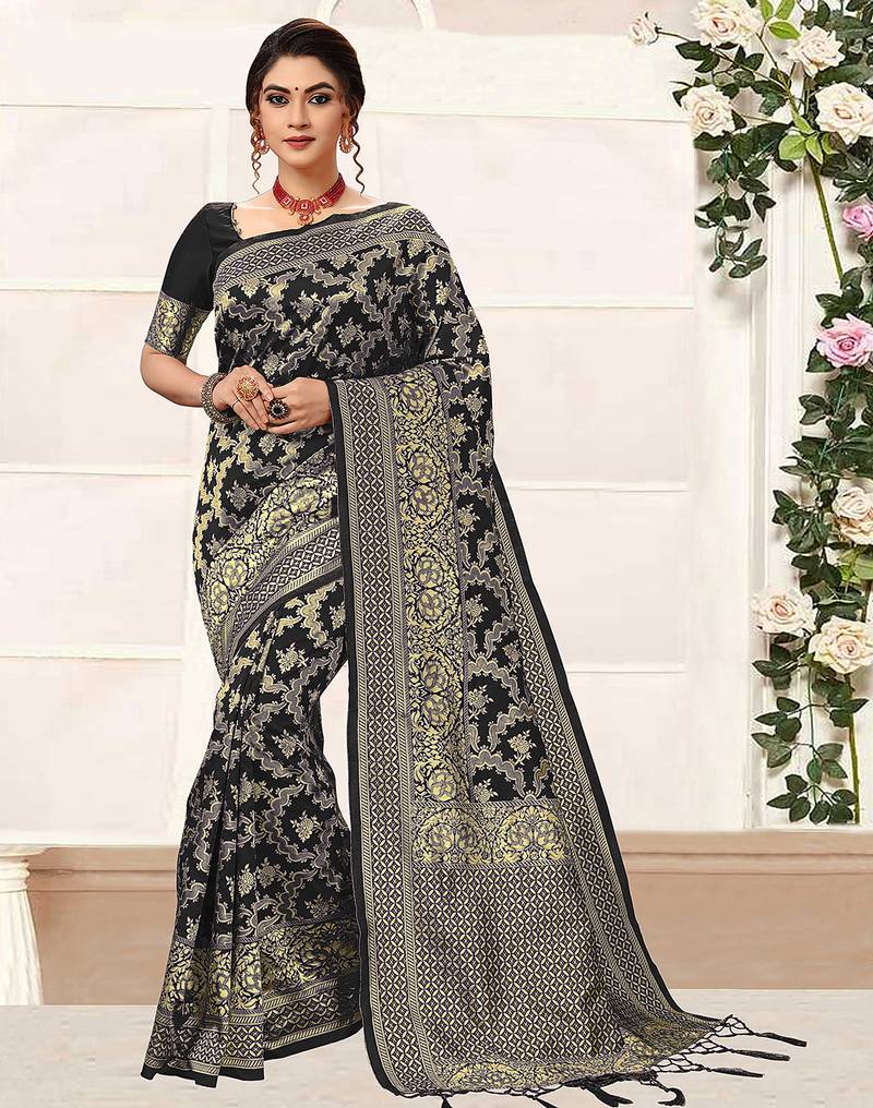Black women's banarasi silk saree with unstitched blouse piece