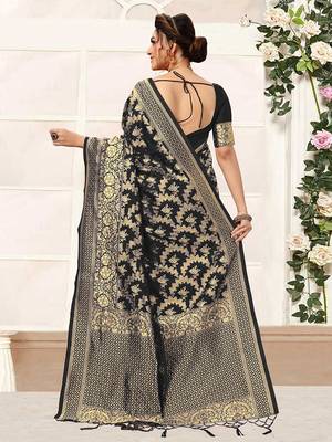 Black women's banarasi silk saree with unstitched blouse piece 2