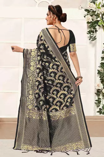 Black women's banarasi silk saree with unstitched blouse piece
