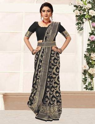 Black women's banarasi silk saree with unstitched blouse piece 3