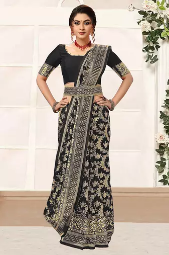 Black women's banarasi silk saree with unstitched blouse piece