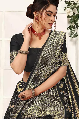 Black women's banarasi silk saree with unstitched blouse piece