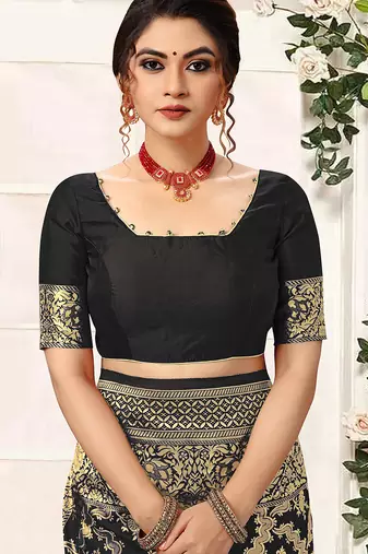 Black women's banarasi silk saree with unstitched blouse piece