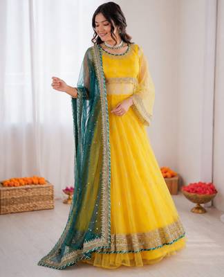 Yellow net thread with sequence lehenga style anarkali suit 2