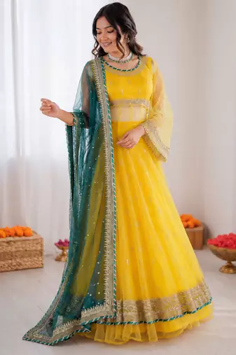 Yellow net thread with sequence lehenga style anarkali suit