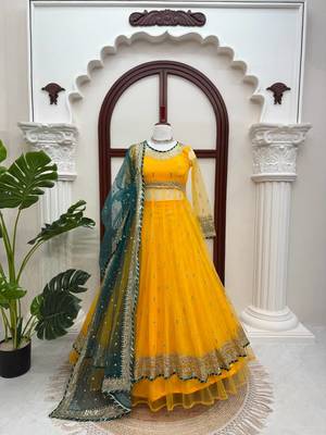 Yellow net thread with sequence lehenga style anarkali suit 3