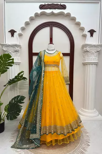 Yellow net thread with sequence lehenga style anarkali suit