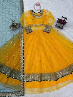 Yellow net thread with sequence lehenga style anarkali suit 4