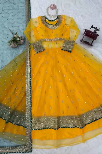 Yellow net thread with sequence lehenga style anarkali suit