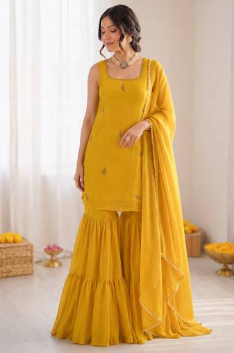 Yellow chinon silk threadd work sharara suit
