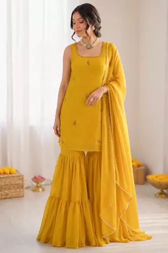 Yellow chinon silk threadd work sharara suit