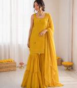 Yellow chinon silk threadd work sharara suit