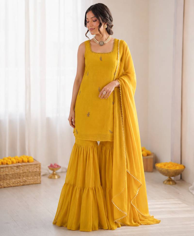 Yellow chinon silk threadd work sharara suit