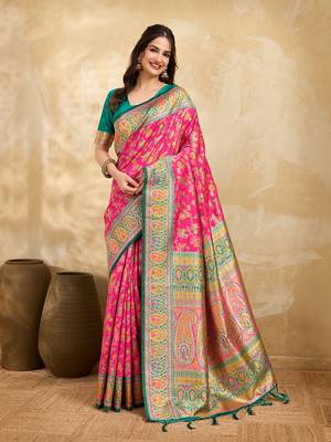 Pink Jacquard Silk Rich Woven Zari Border With Traditional Paisley Design Saree For Women 1