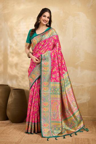 Pink Jacquard Silk Rich Woven Zari Border With Traditional Paisley Design Saree For Women