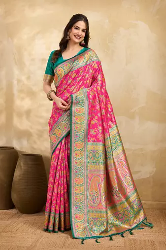 Pink Jacquard Silk Rich Woven Zari Border With Traditional Paisley Design Saree For Women