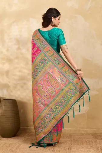 Pink Jacquard Silk Rich Woven Zari Border With Traditional Paisley Design Saree For Women
