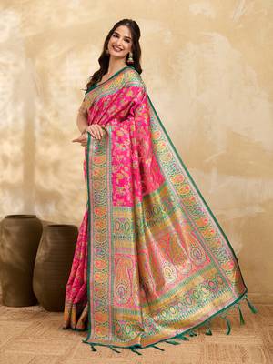 Pink Jacquard Silk Rich Woven Zari Border With Traditional Paisley Design Saree For Women 3