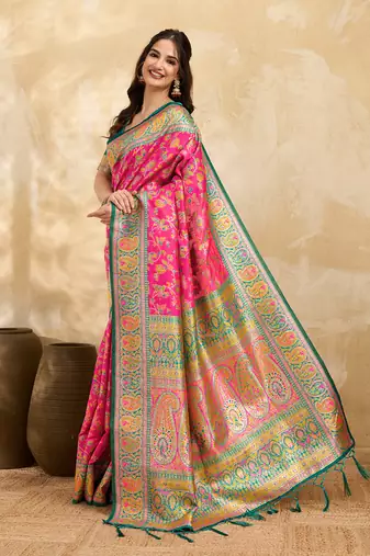 Pink Jacquard Silk Rich Woven Zari Border With Traditional Paisley Design Saree For Women