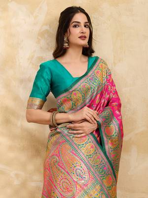 Pink Jacquard Silk Rich Woven Zari Border With Traditional Paisley Design Saree For Women 4