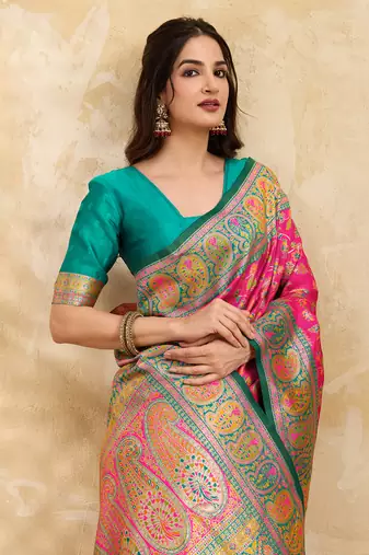 Pink Jacquard Silk Rich Woven Zari Border With Traditional Paisley Design Saree For Women
