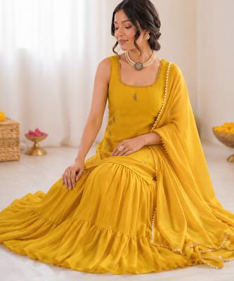 Yellow chinon silk threadd work sharara suit 2