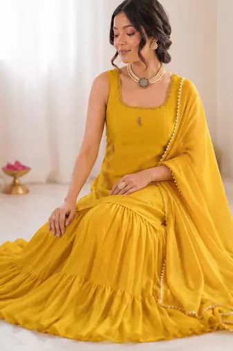 Yellow chinon silk threadd work sharara suit