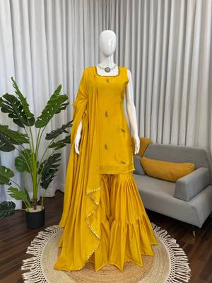 Yellow chinon silk threadd work sharara suit 3