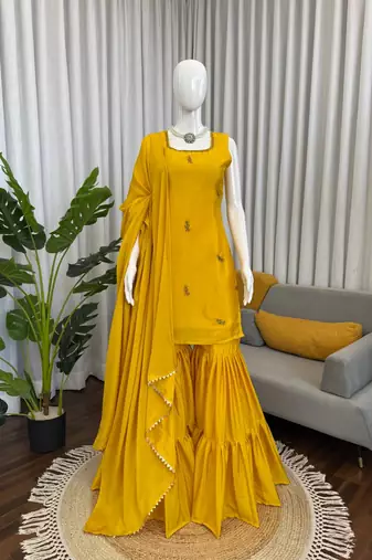 Yellow chinon silk threadd work sharara suit
