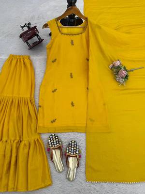 Yellow chinon silk threadd work sharara suit 4