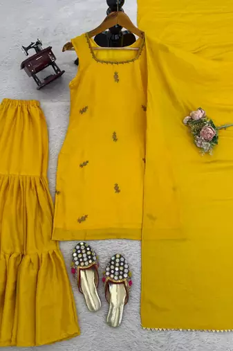 Yellow chinon silk threadd work sharara suit