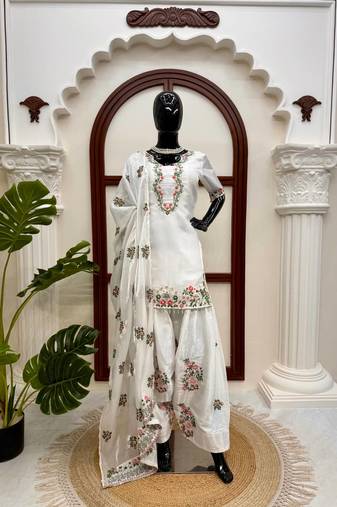 Off white fendy silk thread work farshi plazzo suit