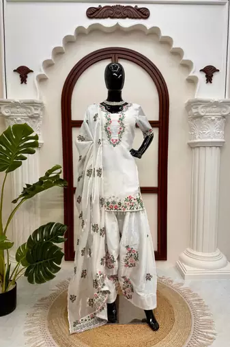 Off white fendy silk thread work farshi plazzo suit