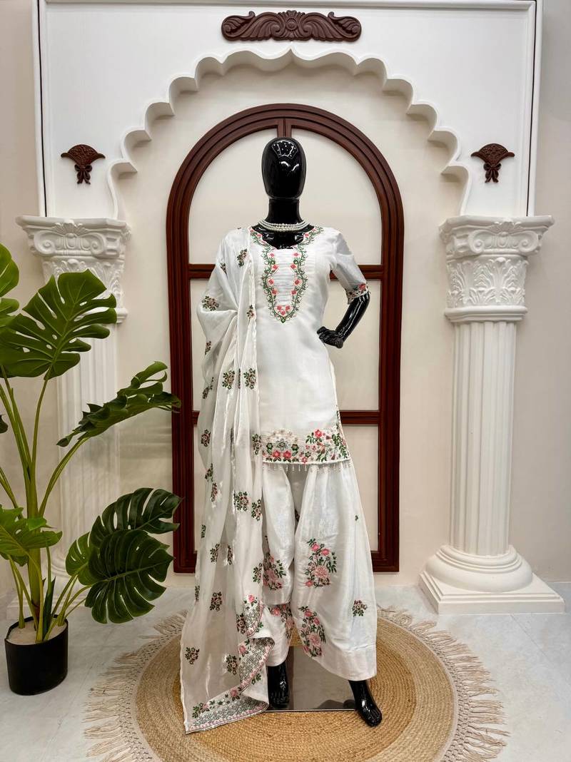 Off white fendy silk thread work farshi plazzo suit