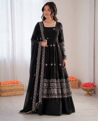Black fendy silk thread with sequence anarkali suit 1
