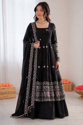 Black fendy silk thread with sequence anarkali suit
