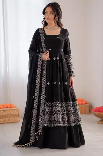Black fendy silk thread with sequence anarkali suit