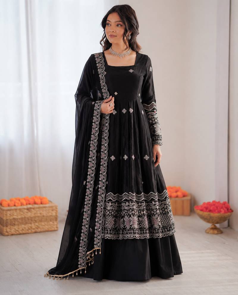 Black fendy silk thread with sequence anarkali suit