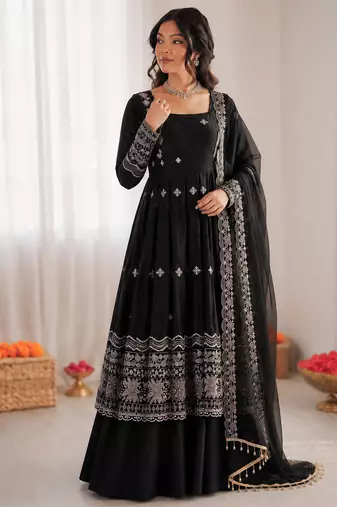 Black fendy silk thread with sequence anarkali suit