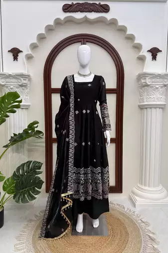Black fendy silk thread with sequence anarkali suit