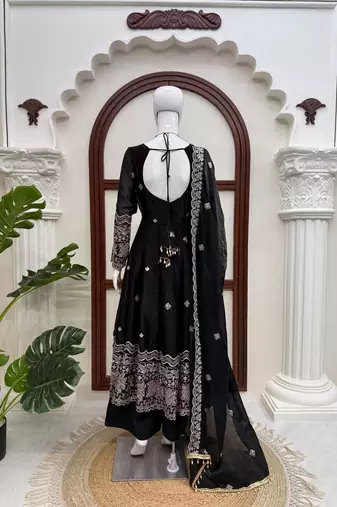 Black fendy silk thread with sequence anarkali suit
