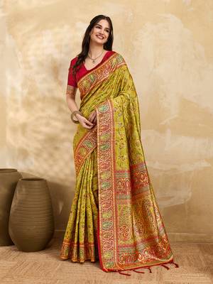 Parrot Jacquard Silk Rich Woven Zari Border With Traditional Paisley Design Saree For Women 1