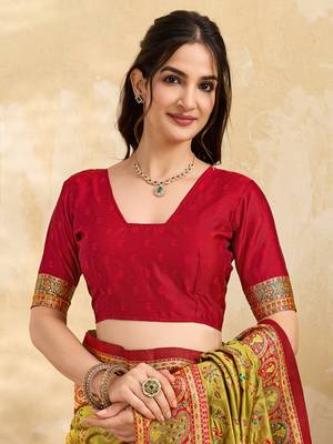 Parrot Jacquard Silk Rich Woven Zari Border With Traditional Paisley Design Saree For Women 5
