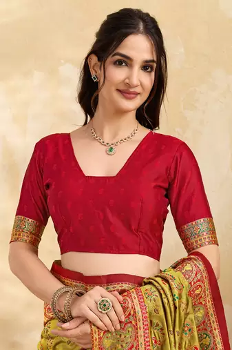Parrot Jacquard Silk Rich Woven Zari Border With Traditional Paisley Design Saree For Women