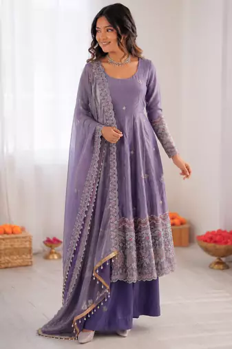 Lavender fendy silk thread with sequence anarkali suit