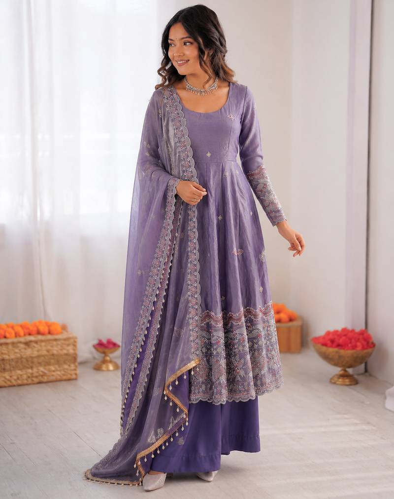 Lavender fendy silk thread with sequence anarkali suit
