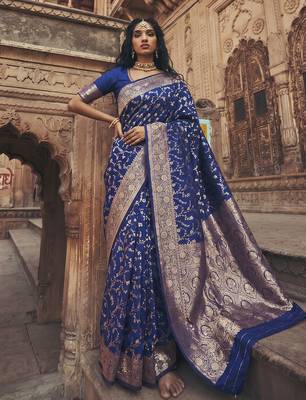 Blue art silk saree with blouse piece 1