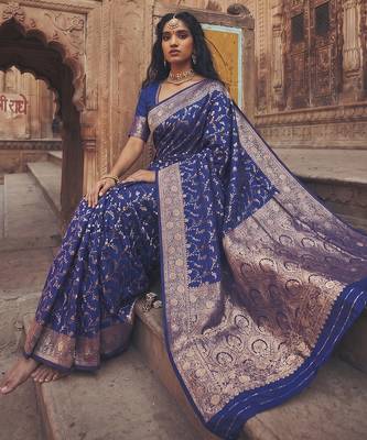 Blue art silk saree with blouse piece 2