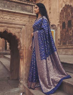 Blue art silk saree with blouse piece 3